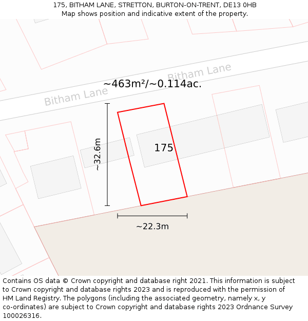 175, BITHAM LANE, STRETTON, BURTON-ON-TRENT, DE13 0HB: Plot and title map