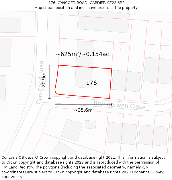 176, CYNCOED ROAD, CARDIFF, CF23 6BP: Plot and title map