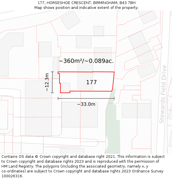 177, HORSESHOE CRESCENT, BIRMINGHAM, B43 7BH: Plot and title map