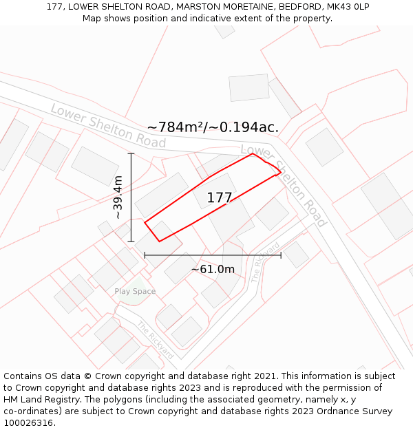 177, LOWER SHELTON ROAD, MARSTON MORETAINE, BEDFORD, MK43 0LP: Plot and title map