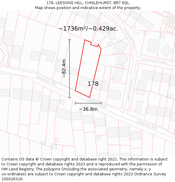 178, LEESONS HILL, CHISLEHURST, BR7 6QL: Plot and title map