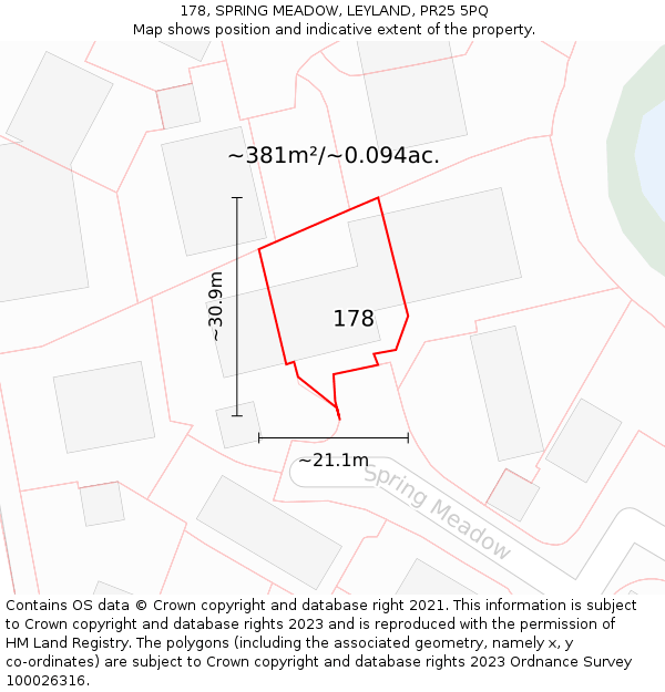 178, SPRING MEADOW, LEYLAND, PR25 5PQ: Plot and title map