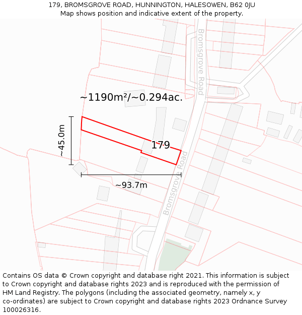 179, BROMSGROVE ROAD, HUNNINGTON, HALESOWEN, B62 0JU: Plot and title map