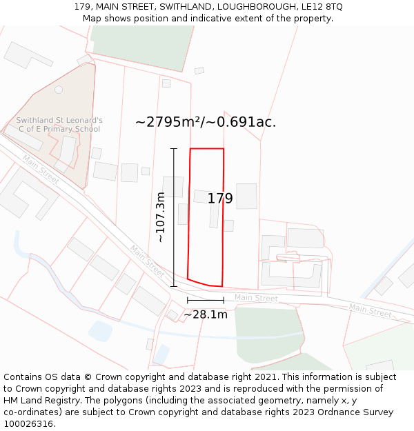 179, MAIN STREET, SWITHLAND, LOUGHBOROUGH, LE12 8TQ: Plot and title map