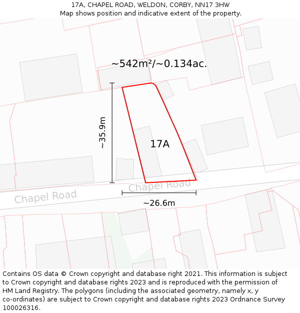 17A, CHAPEL ROAD, WELDON, CORBY, NN17 3HW: Plot and title map