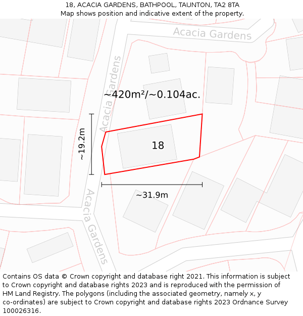 18, ACACIA GARDENS, BATHPOOL, TAUNTON, TA2 8TA: Plot and title map