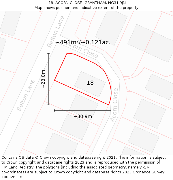 18, ACORN CLOSE, GRANTHAM, NG31 9JN: Plot and title map