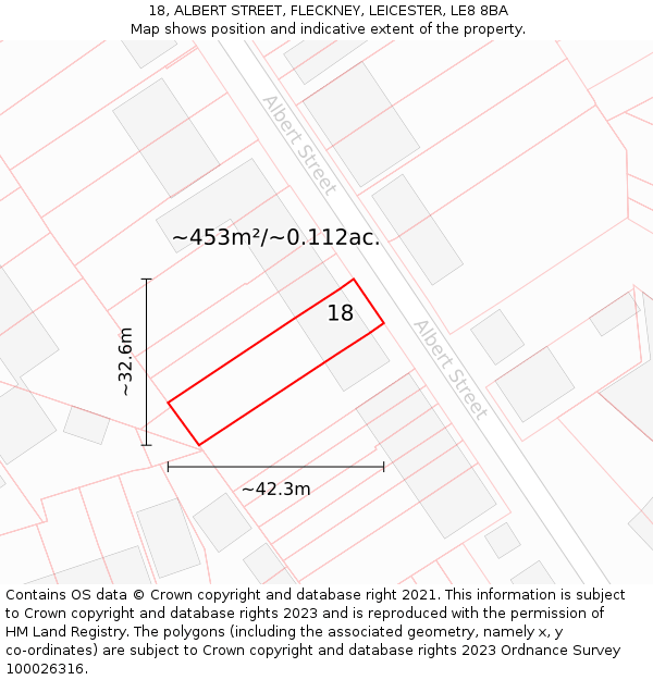 18, ALBERT STREET, FLECKNEY, LEICESTER, LE8 8BA: Plot and title map