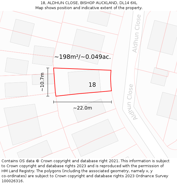 18, ALDHUN CLOSE, BISHOP AUCKLAND, DL14 6XL: Plot and title map