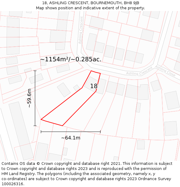 18, ASHLING CRESCENT, BOURNEMOUTH, BH8 9JB: Plot and title map