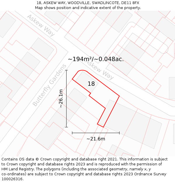 18, ASKEW WAY, WOODVILLE, SWADLINCOTE, DE11 8FX: Plot and title map