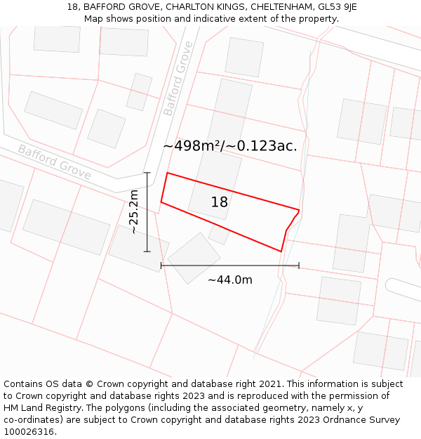 18, BAFFORD GROVE, CHARLTON KINGS, CHELTENHAM, GL53 9JE: Plot and title map