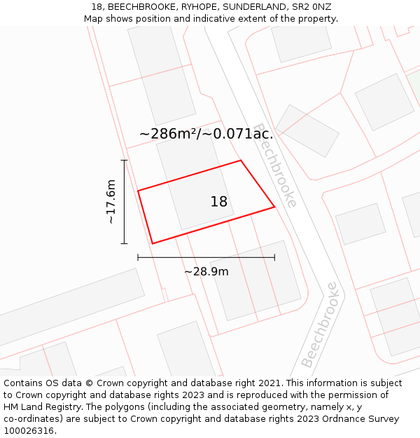 18, BEECHBROOKE, RYHOPE, SUNDERLAND, SR2 0NZ: Plot and title map