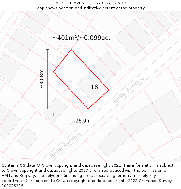 18, BELLE AVENUE, READING, RG6 7BL: Plot and title map