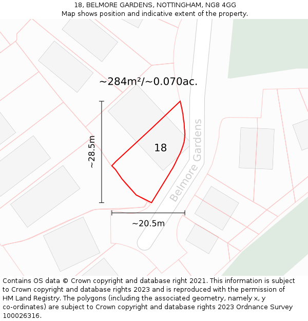 18, BELMORE GARDENS, NOTTINGHAM, NG8 4GG: Plot and title map