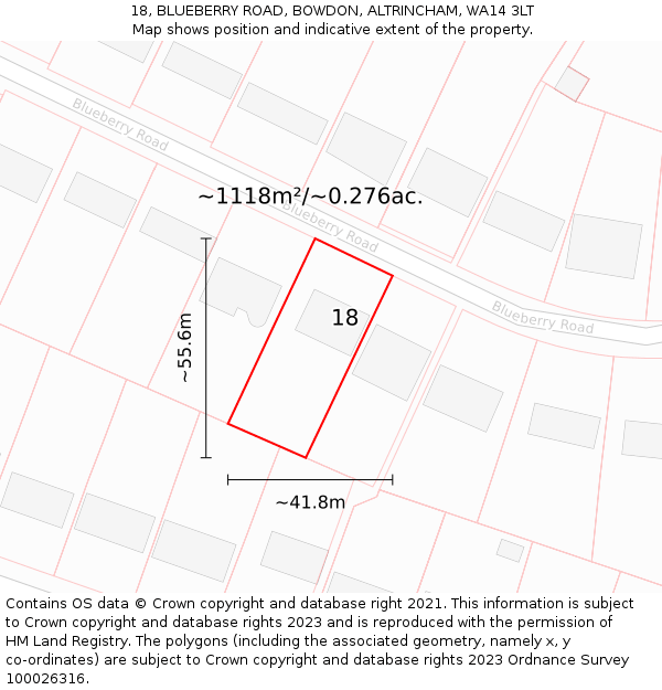 18, BLUEBERRY ROAD, BOWDON, ALTRINCHAM, WA14 3LT: Plot and title map