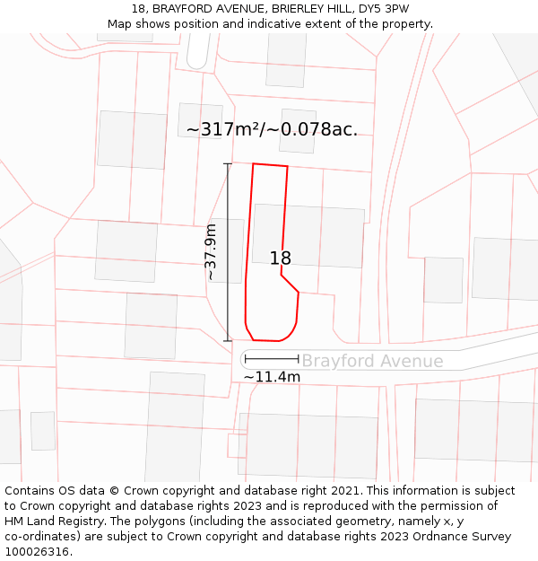 18, BRAYFORD AVENUE, BRIERLEY HILL, DY5 3PW: Plot and title map