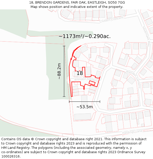 18, BRENDON GARDENS, FAIR OAK, EASTLEIGH, SO50 7GG: Plot and title map