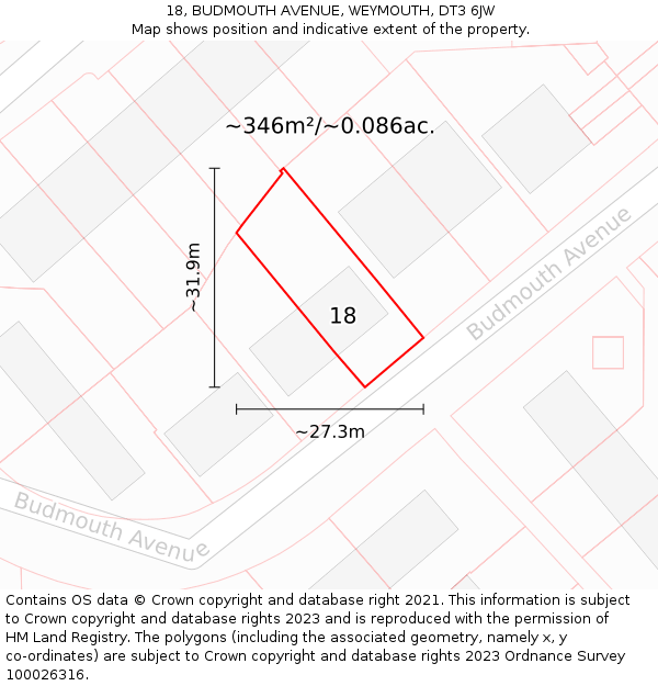 18, BUDMOUTH AVENUE, WEYMOUTH, DT3 6JW: Plot and title map