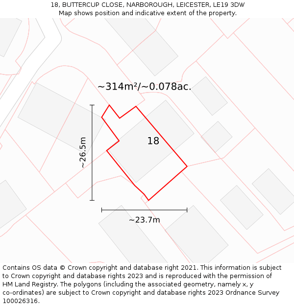 18, BUTTERCUP CLOSE, NARBOROUGH, LEICESTER, LE19 3DW: Plot and title map