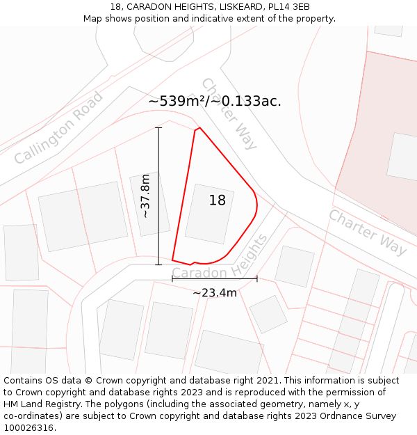 18, CARADON HEIGHTS, LISKEARD, PL14 3EB: Plot and title map