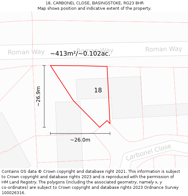 18, CARBONEL CLOSE, BASINGSTOKE, RG23 8HR: Plot and title map