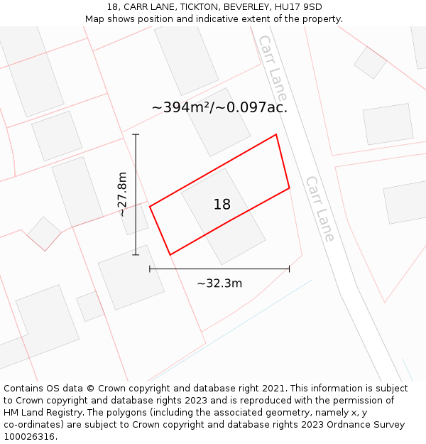 18, CARR LANE, TICKTON, BEVERLEY, HU17 9SD: Plot and title map