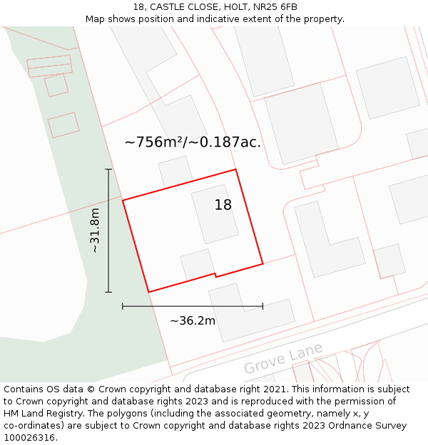 18, CASTLE CLOSE, HOLT, NR25 6FB: Plot and title map