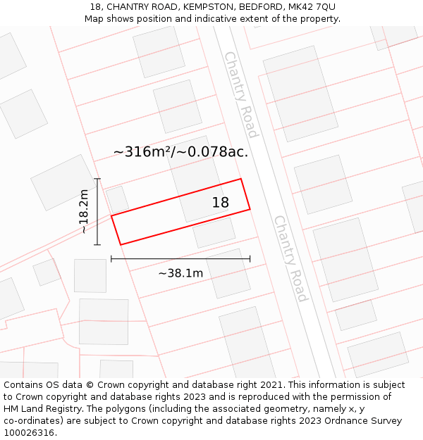 18, CHANTRY ROAD, KEMPSTON, BEDFORD, MK42 7QU: Plot and title map