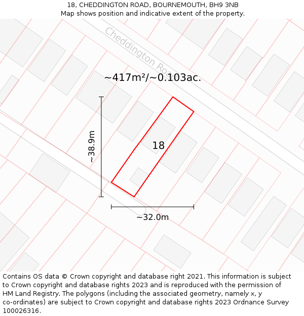 18, CHEDDINGTON ROAD, BOURNEMOUTH, BH9 3NB: Plot and title map