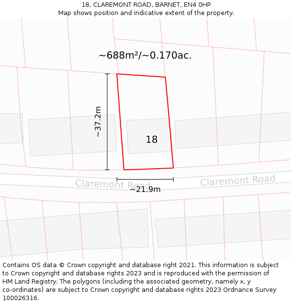 18, CLAREMONT ROAD, BARNET, EN4 0HP: Plot and title map