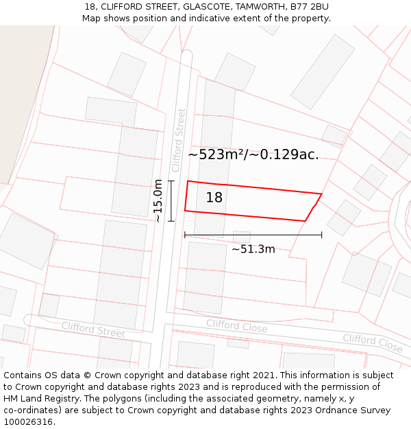 18, CLIFFORD STREET, GLASCOTE, TAMWORTH, B77 2BU: Plot and title map