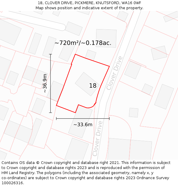 18, CLOVER DRIVE, PICKMERE, KNUTSFORD, WA16 0WF: Plot and title map