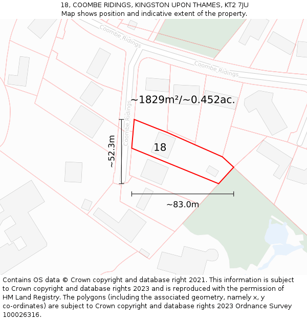 18, COOMBE RIDINGS, KINGSTON UPON THAMES, KT2 7JU: Plot and title map
