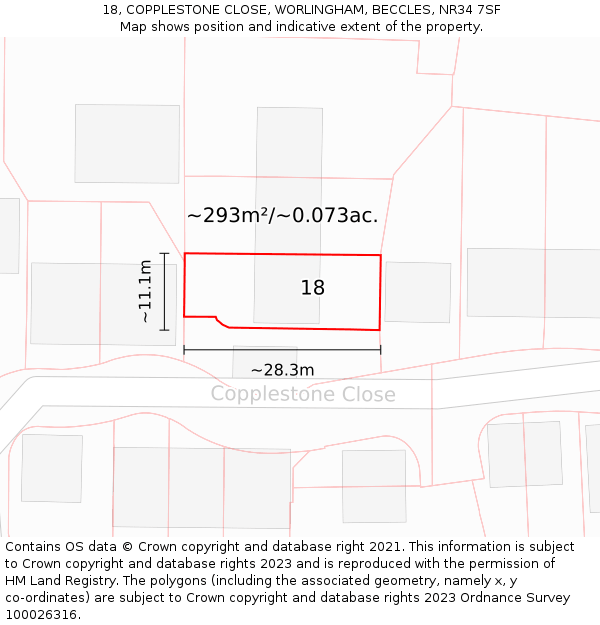 18, COPPLESTONE CLOSE, WORLINGHAM, BECCLES, NR34 7SF: Plot and title map