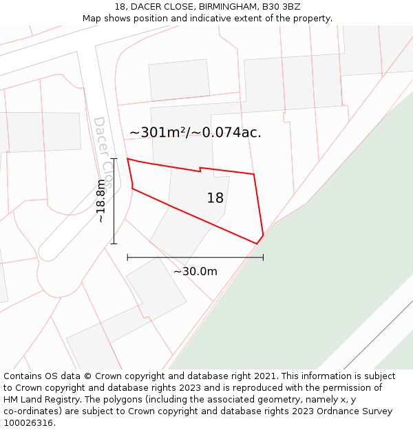 18, DACER CLOSE, BIRMINGHAM, B30 3BZ: Plot and title map