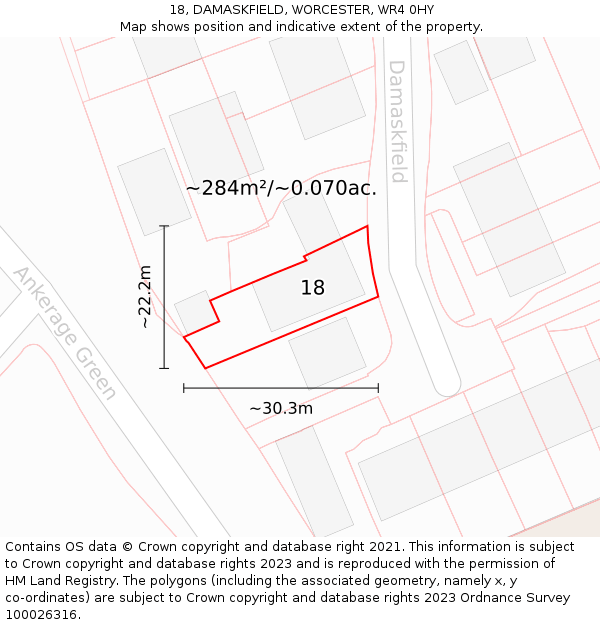 18, DAMASKFIELD, WORCESTER, WR4 0HY: Plot and title map