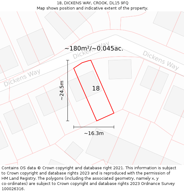 18, DICKENS WAY, CROOK, DL15 9FQ: Plot and title map