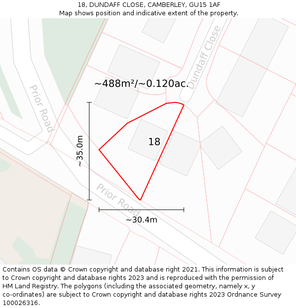 18, DUNDAFF CLOSE, CAMBERLEY, GU15 1AF: Plot and title map