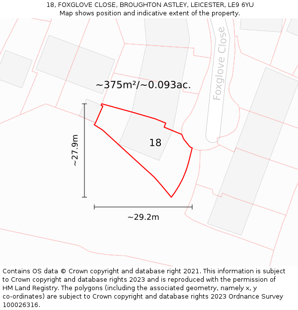 18, FOXGLOVE CLOSE, BROUGHTON ASTLEY, LEICESTER, LE9 6YU: Plot and title map