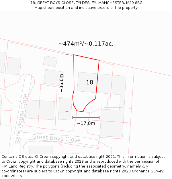 18, GREAT BOYS CLOSE, TYLDESLEY, MANCHESTER, M29 8RG: Plot and title map