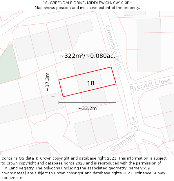 18, GREENDALE DRIVE, MIDDLEWICH, CW10 0PH: Plot and title map