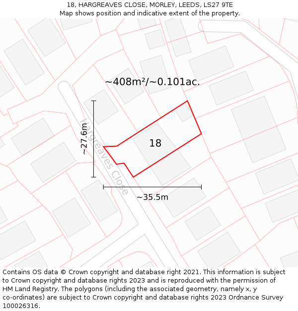 18, HARGREAVES CLOSE, MORLEY, LEEDS, LS27 9TE: Plot and title map