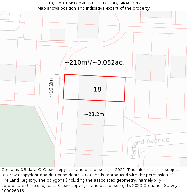 18, HARTLAND AVENUE, BEDFORD, MK40 3BD: Plot and title map