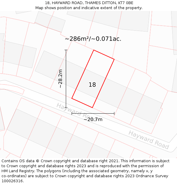 18, HAYWARD ROAD, THAMES DITTON, KT7 0BE: Plot and title map