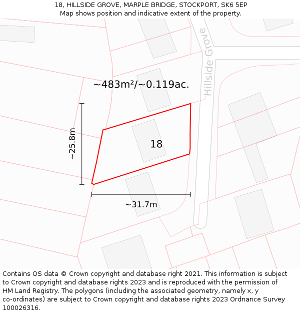 18, HILLSIDE GROVE, MARPLE BRIDGE, STOCKPORT, SK6 5EP: Plot and title map