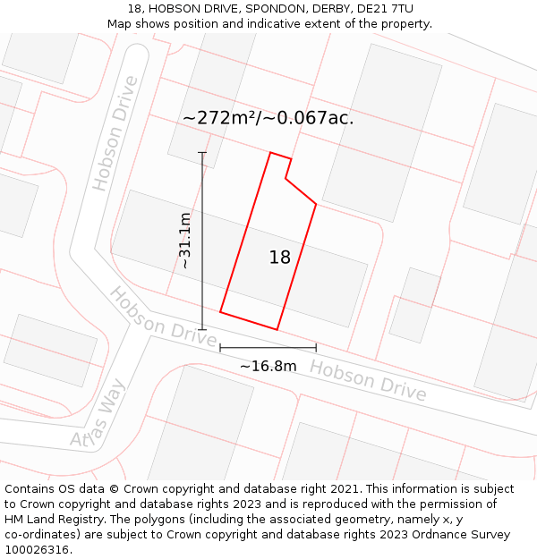 18, HOBSON DRIVE, SPONDON, DERBY, DE21 7TU: Plot and title map