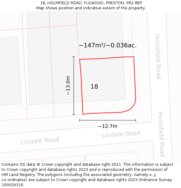 18, HOLMFIELD ROAD, FULWOOD, PRESTON, PR2 8EP: Plot and title map