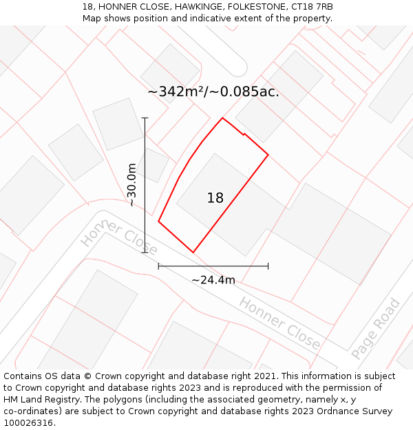 18, HONNER CLOSE, HAWKINGE, FOLKESTONE, CT18 7RB: Plot and title map