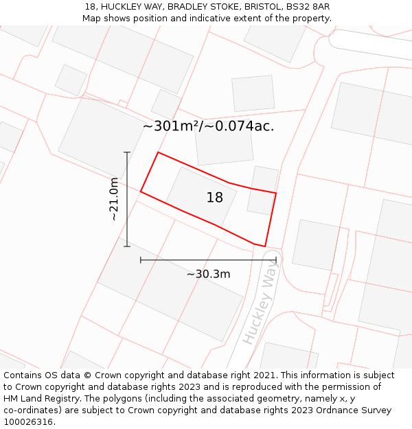 18, HUCKLEY WAY, BRADLEY STOKE, BRISTOL, BS32 8AR: Plot and title map